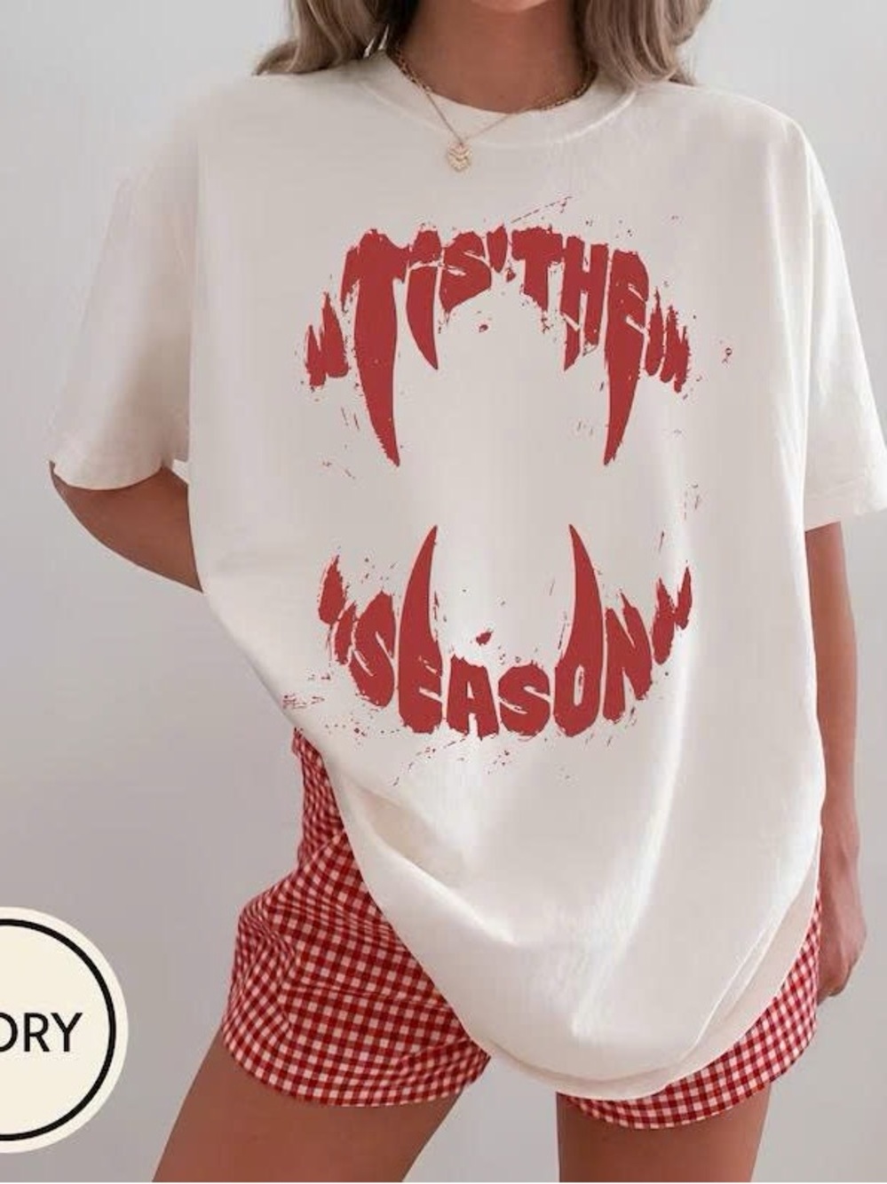Cream Short Sleeve Tee with Red Fanged Graphic